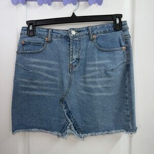 Zaful blue light wash denim distressed hem stretch jeans skirt mini short casual
